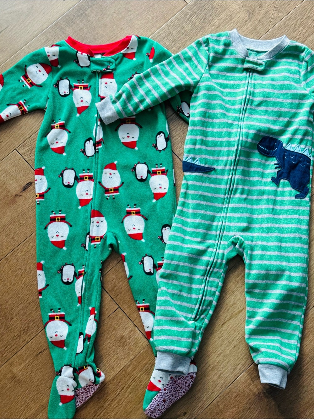 Carter's Green Holiday Santa Print & Striped Dino One-Piece Footies